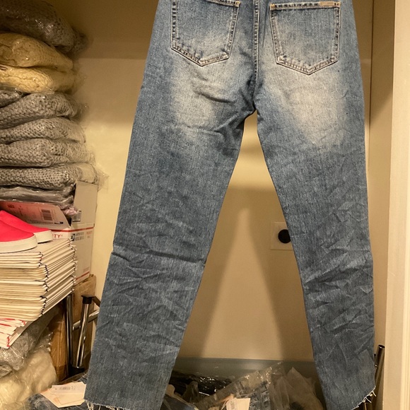 🆕Med Dark Blue Pearl Embellished Boho Distressed Ripped Knee Straight Leg Jeans - Picture 5 of 9